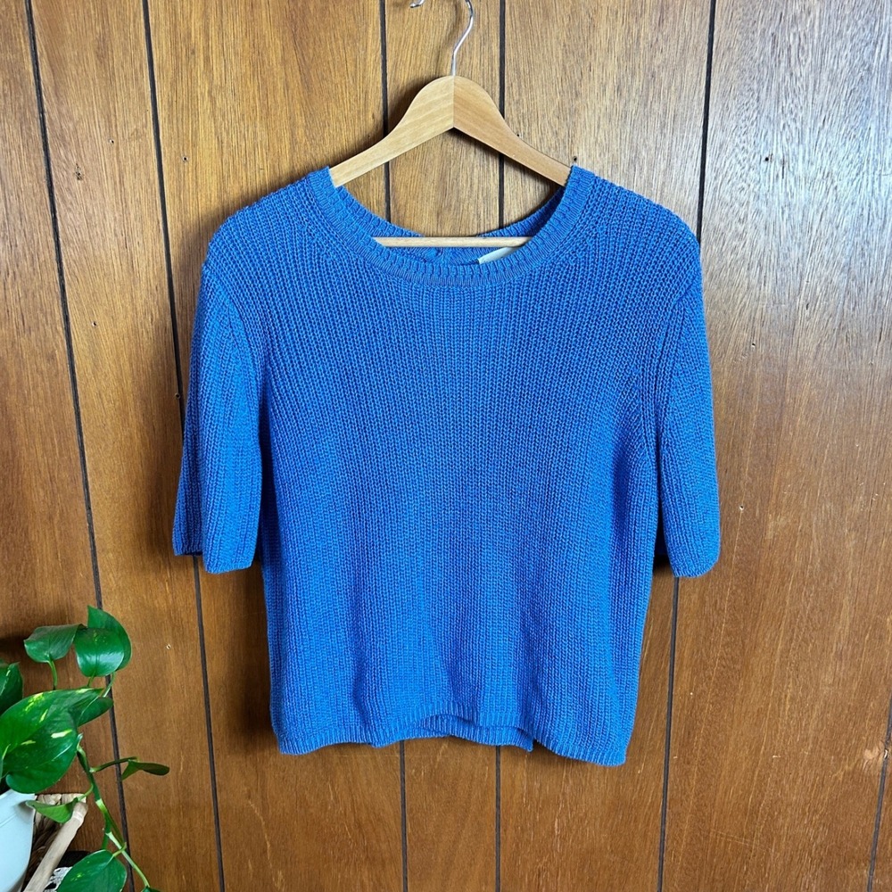 By Together Blue Knit Cropped Short Sleeve Sweater Top Women's Medium‎